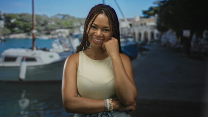 Woman smiling with hand to cheek and folded arms at street by small boats on a harbor pier;...