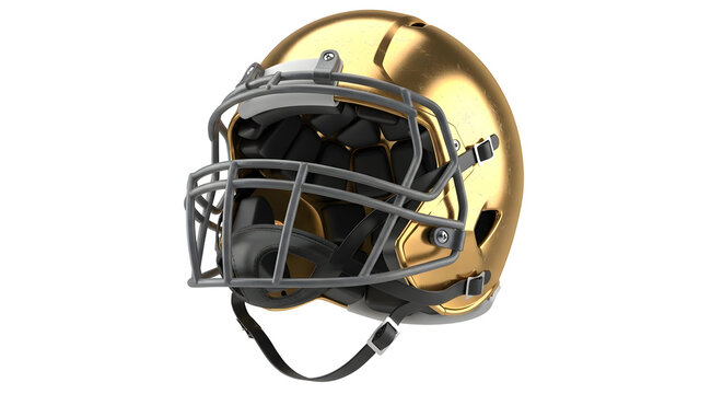 realistic gold American football helmet with black facemask, suitable for sports team branding, athletic gear visuals, game-day graphics, and helmet-safety imagery.

