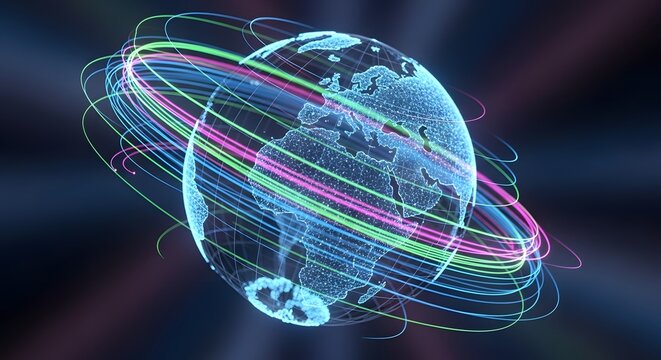 Digital earth with data streams circling the globe in a modern style - Powered by Adobe