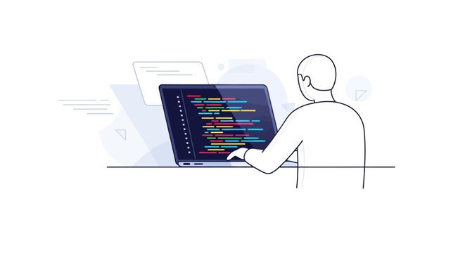 Coder working on laptop with code