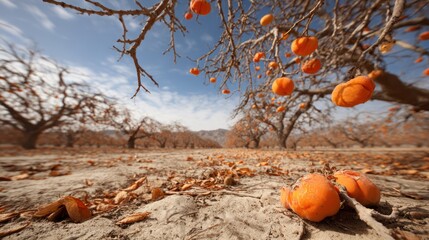 Orchard scene. Trees with ripe orange fruit, leaves on ground, blue sky, distant mountains