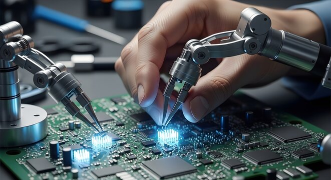 Close up of robotic arms working on a circuit board with a human hand