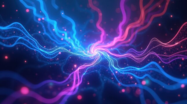 Abstract swirling neon energy waves in dark space with glowing particles
