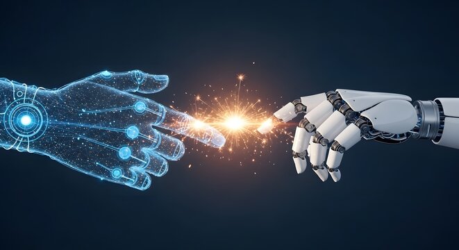 Human and robot hands touching fingers with light between them
