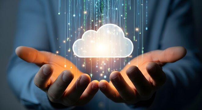 Cloud computing technology concept with hands holding cloud icon