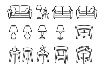 Vector couch lamp icons table living icon small interior setup cozy room