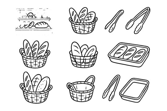 Ink tray tongs dough bakery scene vector bread counter icon basket set
