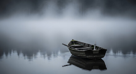 Solitary Wooden Rowboat Drifting on Misty Eerie Lake at Dawn or Dusk
