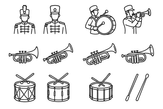 Icon trumpet set vector handdrawn baton band icons drum marching snare
