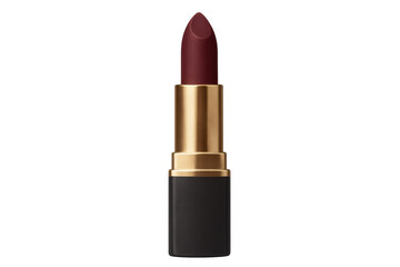 Fototapeta premium Dark red matte lipstick in a golden and black tube, standing upright on a transparent background, depicting beauty and elegance