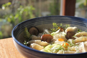 Dumpling soup with tender mushrooms and soft noodles in a savory broth—a warm, comforting bowl full of rich textures and umami flavor.