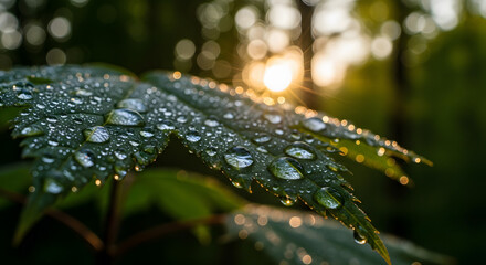 Macro close up of vibrant green leaf covered in sparkling morning dew drops at sunrise in a forest