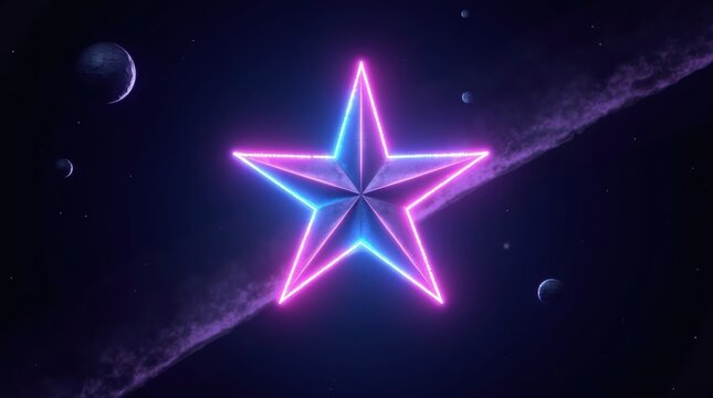 Glowing neon star in cosmic space with planets and nebula - Powered by Adobe