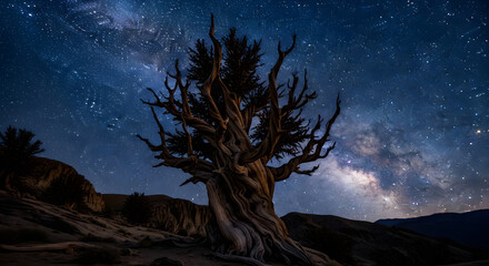 Ancient Bristlecone Pine Tree Silhouetted Against the Majestic Milky Way Night Sky