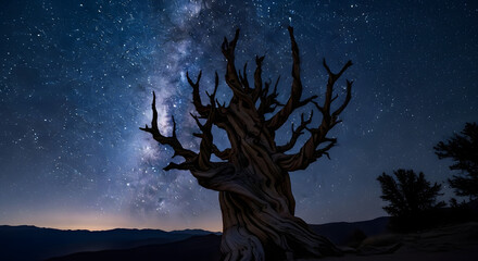 Ancient Bristlecone Pine Silhouette Under Stunning Milky Way Night Sky