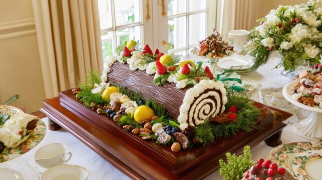 a beautifully decorated yule log cake