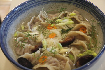 Dumpling soup with tender mushrooms and soft noodles in a savory broth—a warm, comforting bowl full of rich textures and umami flavor.