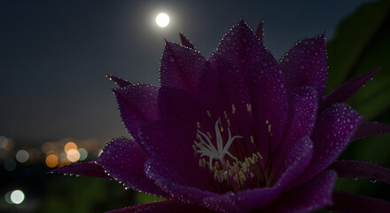 Mysterious Night Blooming Cactus Flower with Dewdrops Under a Bright Full Moon