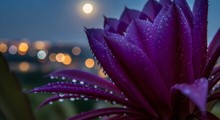 Stunning Purple Cactus Flower Blooming at Night Under a Full Moon with City Lights Bokeh Background