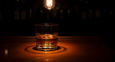 Whiskey on the Rocks in a Dimly Lit Bar Under an Edison Bulb