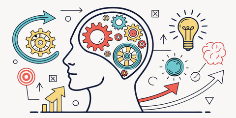 Unlock Ingenuity: Head Silhouette with Gears, Lightbulb & Arrows Visualize Innovation, Growth, and Strategic Thinking for Modern Business Solutions