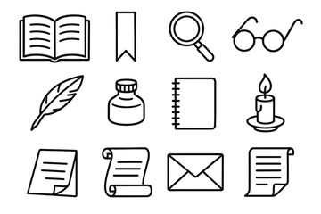 Envelope notebook essentials candle quill icons glass vector reading book corner page