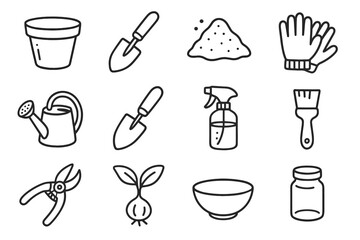 Can gardening brush icons pot gloves trowel pruner vector tools icon bowl