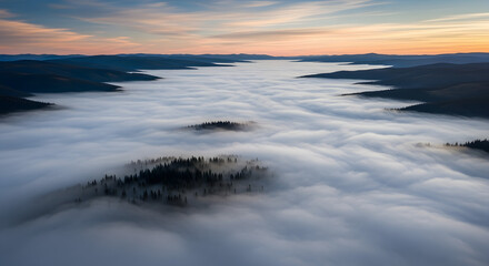 Breathtaking Aerial View of River Valley Filled with Sea of Fog at Sunrise Over Misty Mountains