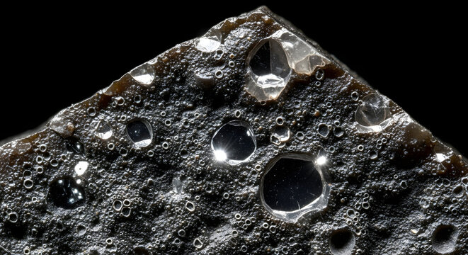 Macro Close up of Impactite or Tektite Glass Surface with Micrometeorite Craters