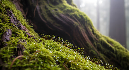 Lush Green Moss Growing on Ancient Redwood Tree Trunk in Foggy Forest