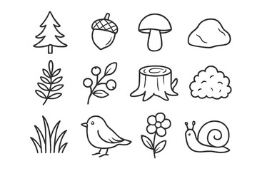 Obraz premium Branch berry acorn vector grass forest bird mushroom fern icon snail set