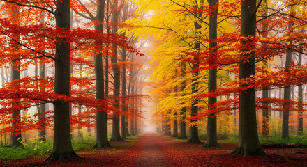 Vibrant Autumn Forest Avenue with Contrasting Red and Yellow Fall Foliage in Foggy Landscape