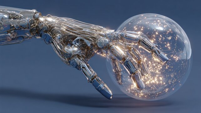 Metallic hand grasps a transparent orb containing glowing lights, set against a gradient blue background