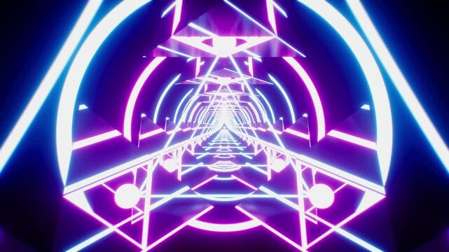 Glowing neon light tetra shape tunnel loop background