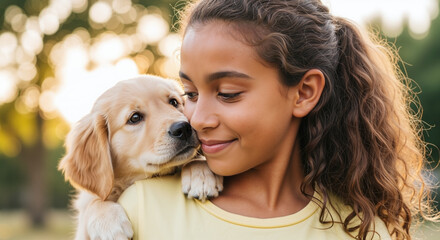 A young girl smiles affectionately as a Golden Retriever puppy rests its paws on her shoulder in warm sunlight.