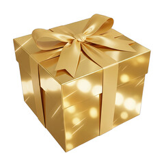 Golden Gift Box Tied With A Satin Ribbon On A Black Background With Bokeh Lights And Sparkles Creating A Luxurious And Festive Atmosphere
