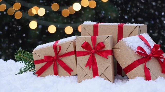 Festive gift packages surrounded by snow holiday cozy view