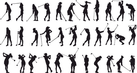 Female Golfers Silhouette Collection with Various Swing Poses