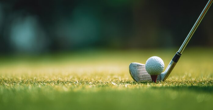 Golf ball poised on tee, club positioned, ready to swing, with blurred green background