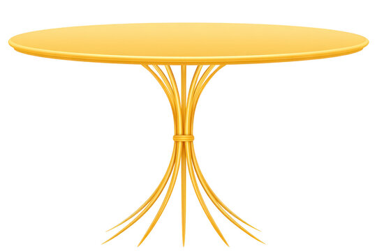 Round yellow table with modern metal base, elegant design, suitable for dining room or kitchen, contemporary style, bright and cheerful atmosphere