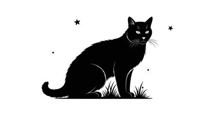 Black cat sitting in grass with transparent background