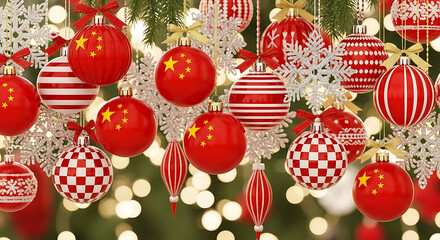 Festive christmas tree adorned with red and white ornaments including chinese flag baubles and decorative snowflakes creating a celebratory and patriotic holiday display for the festive season