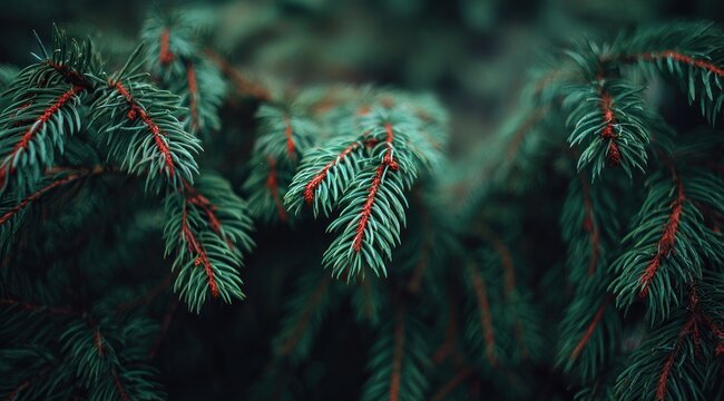 Close-up captures detail of evergreen needles with red stems, blurred background