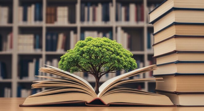 An open book with a green tree growing out of it, set against a blurred background of a library.