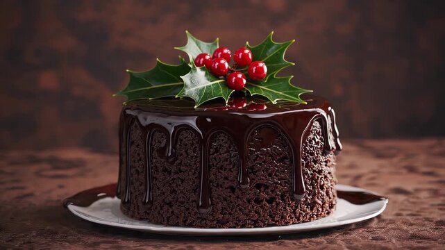 Delicious chocolate cake with holly and berries festive celebration culinary