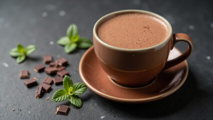 Rich hot chocolate in brown cup, garnished with fresh mint leaves and chocolate pieces, evokes warmth and comfort
