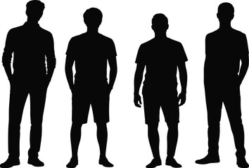Standing figure silhouettes, casual posture, black vector icon, body shape, shorts, pants, anonymous people, outline, design, minimal