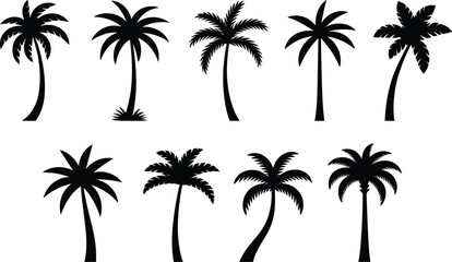 Palm tree silhouettes, tropical icons, frond variations, curved trunks, black vector, beach design, nature sketch, foliage symbol