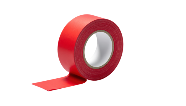 Red tape: A roll of vibrant red tape, poised on a clean surface, its strong adhesive surface is ready for use in any project