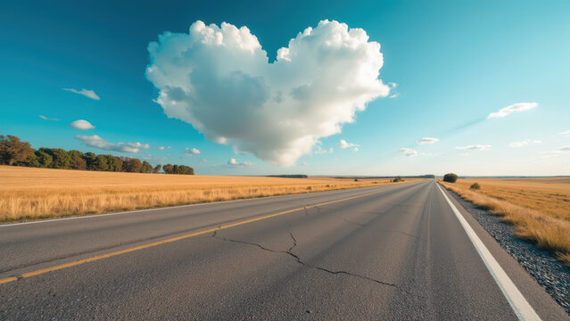Heart shaped cloud floats above serene landscape, featuring long, empty road stretching through golden fields under clear blue sky